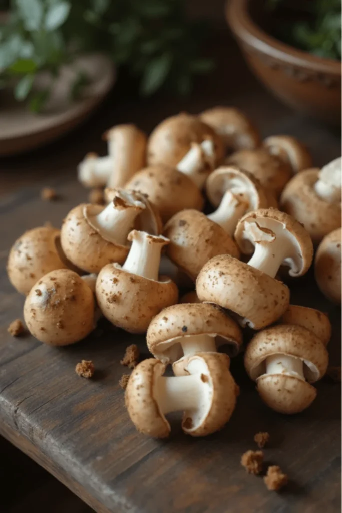 Fresh raw Baby Bella mushrooms scattered on a rustic wooden table, showcasing their natural earthy texture.