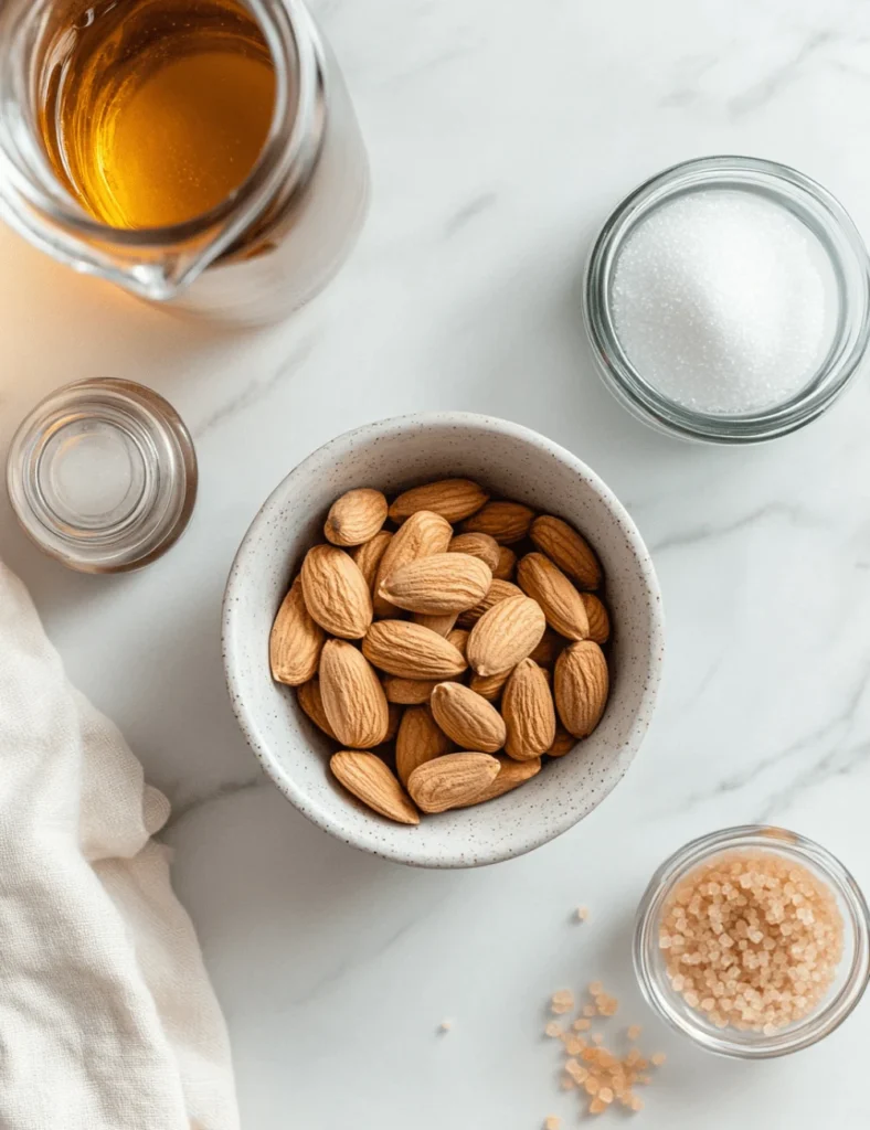 Ingredients for homemade orgeat syrup including almonds, sugar, and golden syrup on a marble countertop
