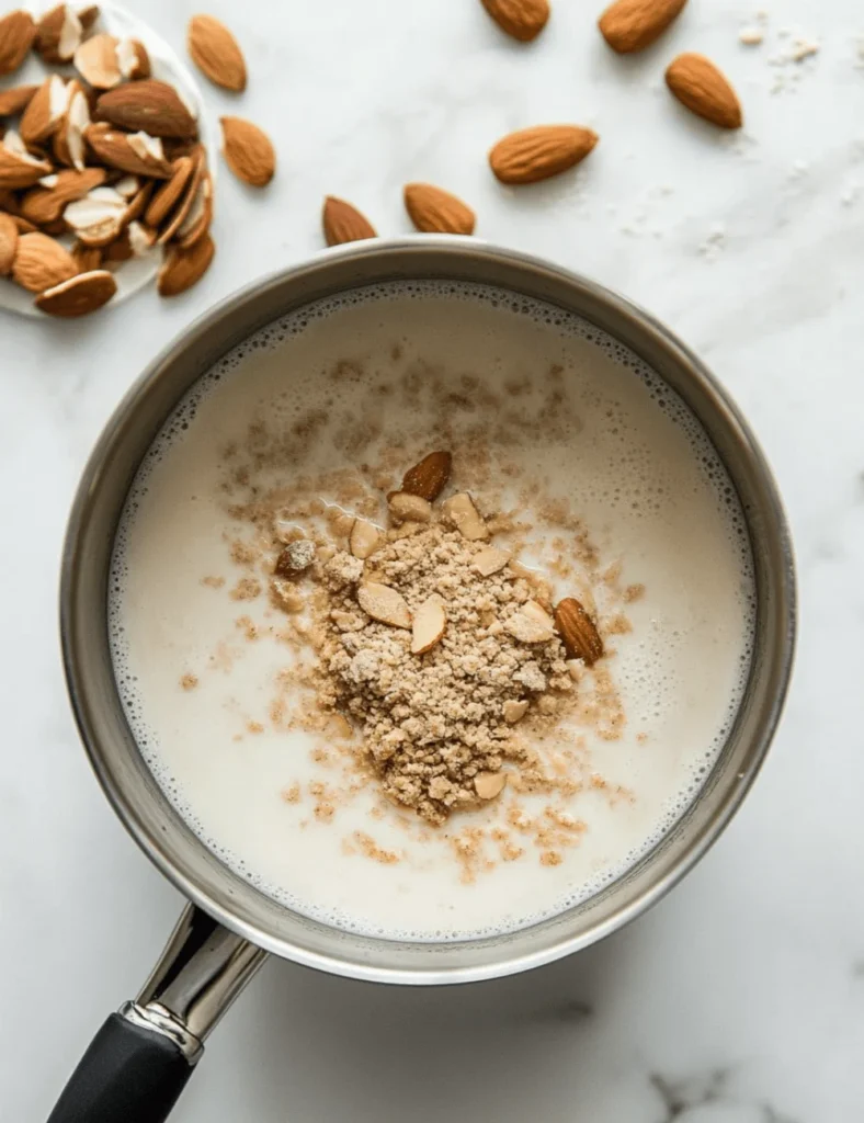 Almonds and sugar simmering in milk for homemade orgeat syrup preparation
