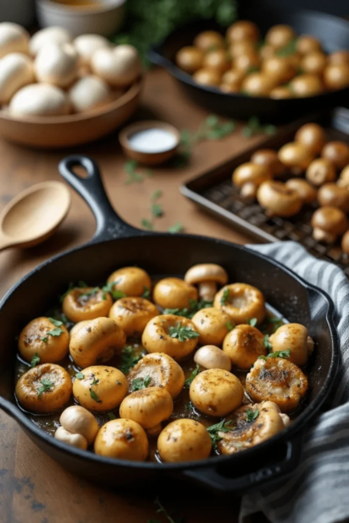 Sautรฉed Baby Bella mushrooms in a cast iron skillet, garnished with parsley and seasoned to perfection.