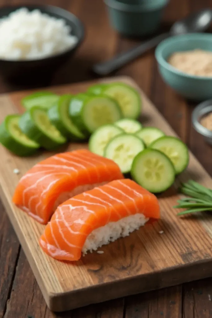 Close-up of Alaska Roll sushi with fresh salmon, avocado, cream cheese, and rice, wrapped in nori on a white plate