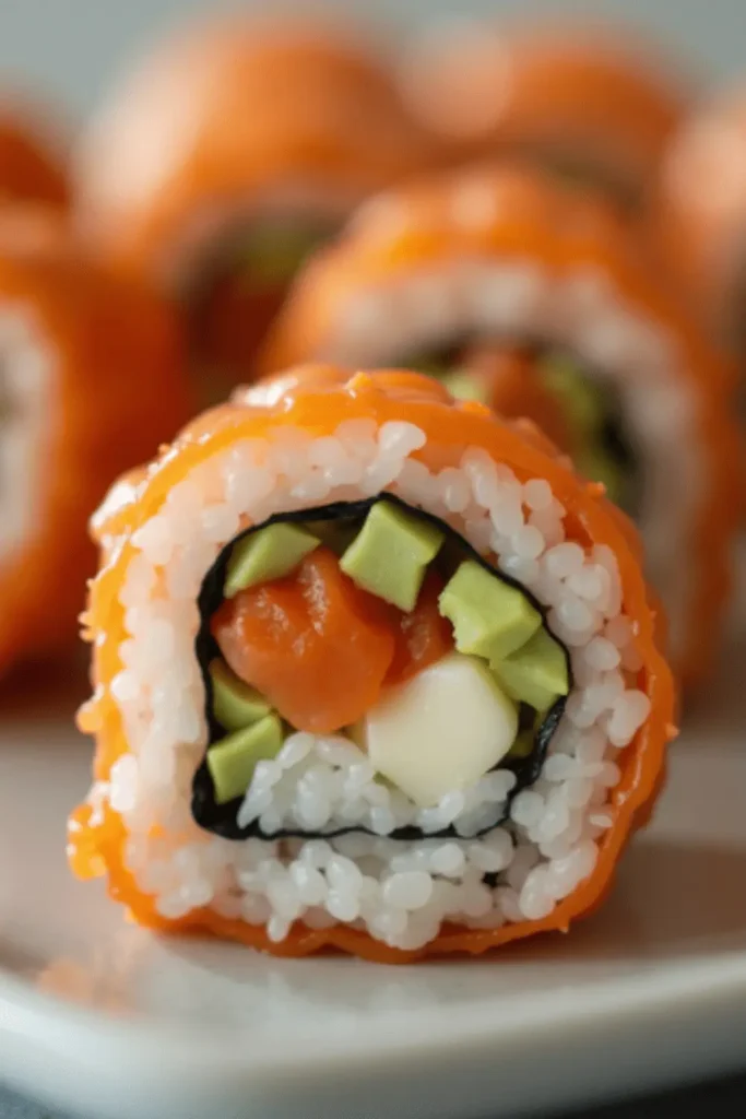 Fresh salmon slices, sushi rice, and cucumber on a wooden board, ideal for making Salmon Nigiri sushi