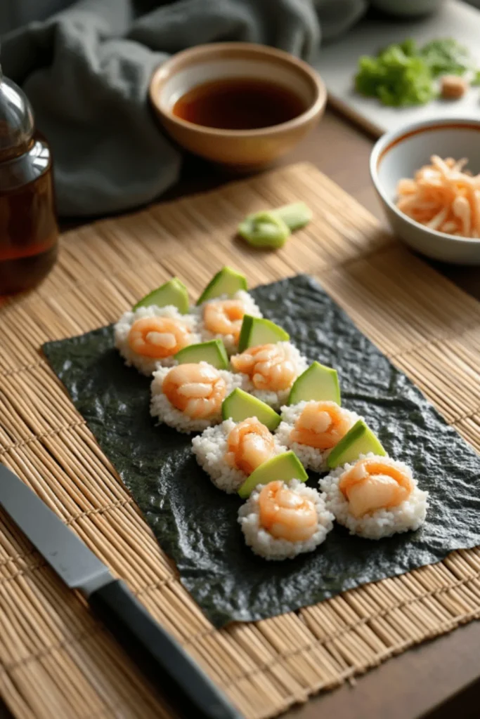 Boston Roll preparation showing nori sheets with sushi rice, shrimp, and avocado slices arranged on a bamboo mat.