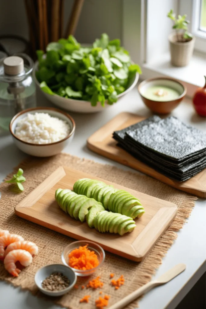 Preparation of Boston Roll ingredients, including sliced avocado, shrimp, shredded carrot, sushi rice, nori sheets, and fresh greens on a kitchen counter