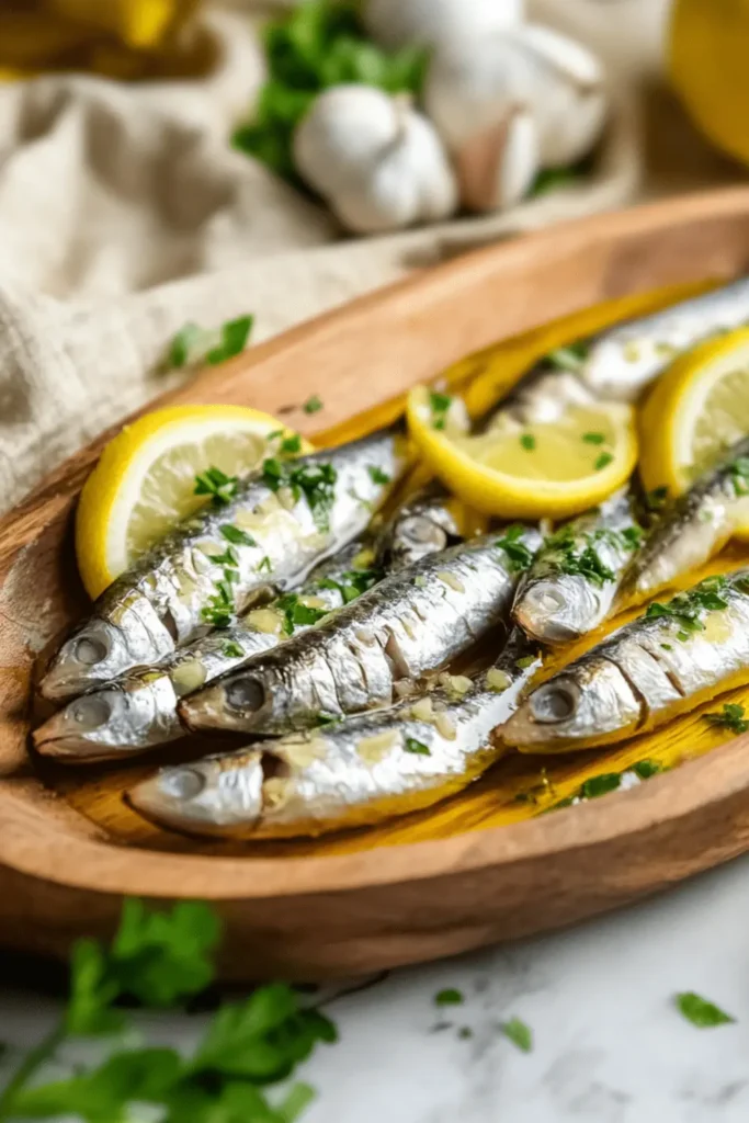 Boquerones served whole on a wooden platter, garnished with fresh parsley, garlic, lemon slices, and olive oil