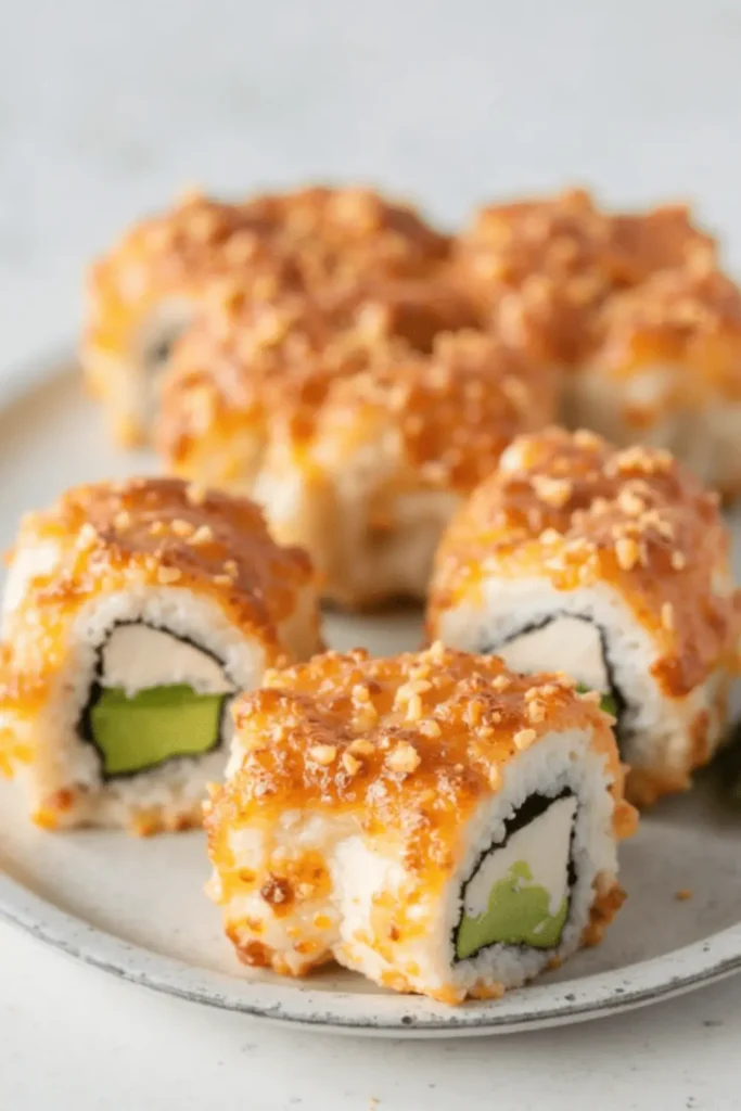 Close-up of Boston Roll sushi with avocado, cream cheese, and rice, topped with a golden crispy coating
