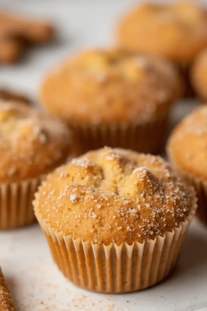 Close-up of Vegetarian Cinnamon Sugar Donut Muffins with a golden-brown top and a sprinkle of cinnamon sugar.