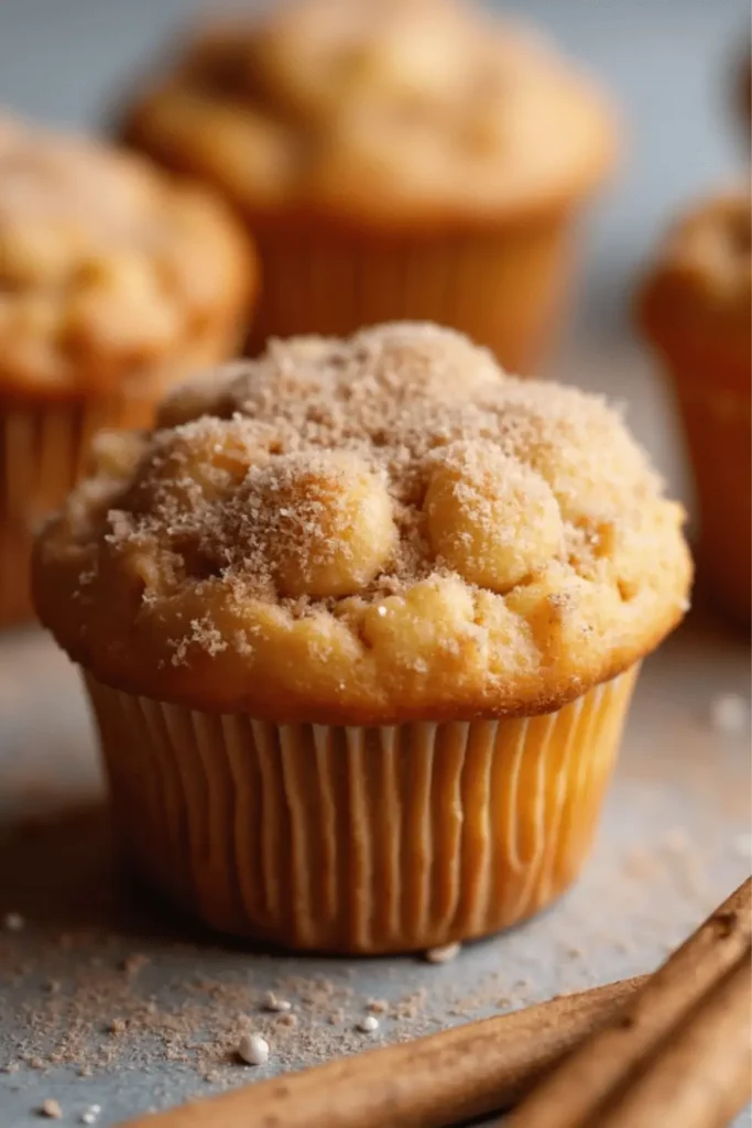Close-up of a golden-brown Vegetarian Cinnamon Sugar Donut Muffin topped with a generous sprinkle of cinnamon sugar, with cinnamon sticks in the foreground.