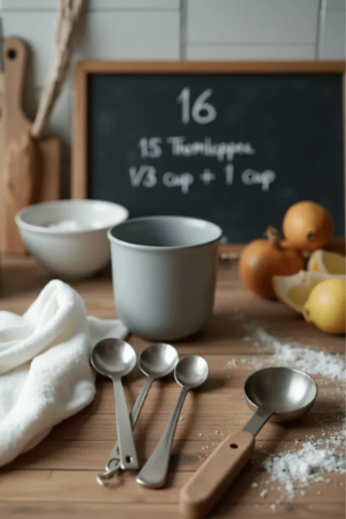 A kitchen setup with measuring spoons, a metal measuring cup, a chalkboard showing measurement conversions, and fresh lemons on a wooden table.
How Many Tablespoons in 1/3 Cup?