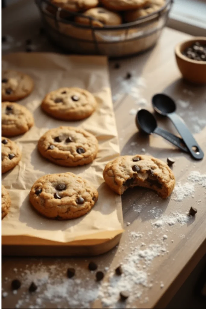 Freshly baked homemade chocolate chip cookies on parchment paper, with one cookie bitten into and measuring spoons on a flour-dusted table.