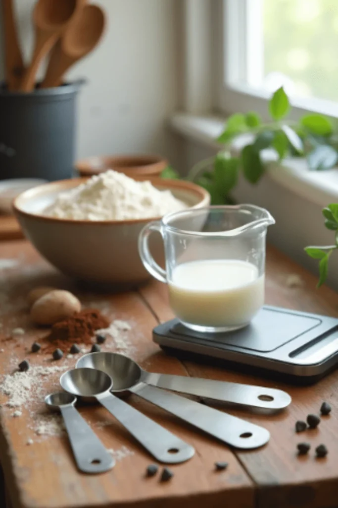 A kitchen setup with measuring spoons, a glass of milk on a digital scale, and baking ingredients like flour, cocoa powder, and chocolate chips on a wooden table