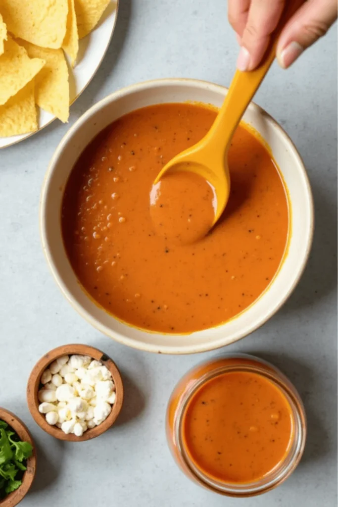 A creamy taco soup base in a bowl with a yellow spoon, surrounded by toppings like cheese, cilantro, and tortilla chips