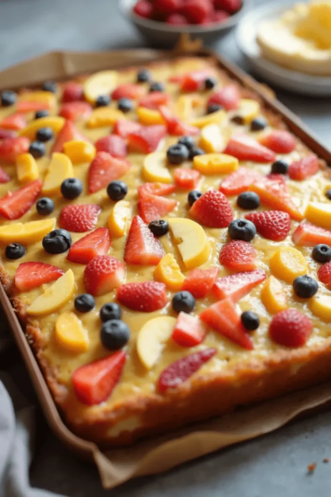 A baked kefir sheet cake topped with colorful fresh fruits, including strawberries, blueberries, peaches, and raspberries, served in a baking tray.