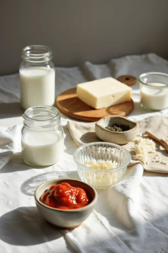 Ingredients for Bolognese ice cream, including milk, butter, grated cheese, herbs, and tomato sauce, arranged on a white tablecloth in natural light
