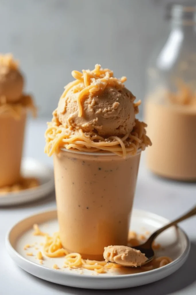 A creamy Bolognese ice cream milkshake topped with spaghetti noodles and a scoop of savory ice cream, served in a glass on a white plate