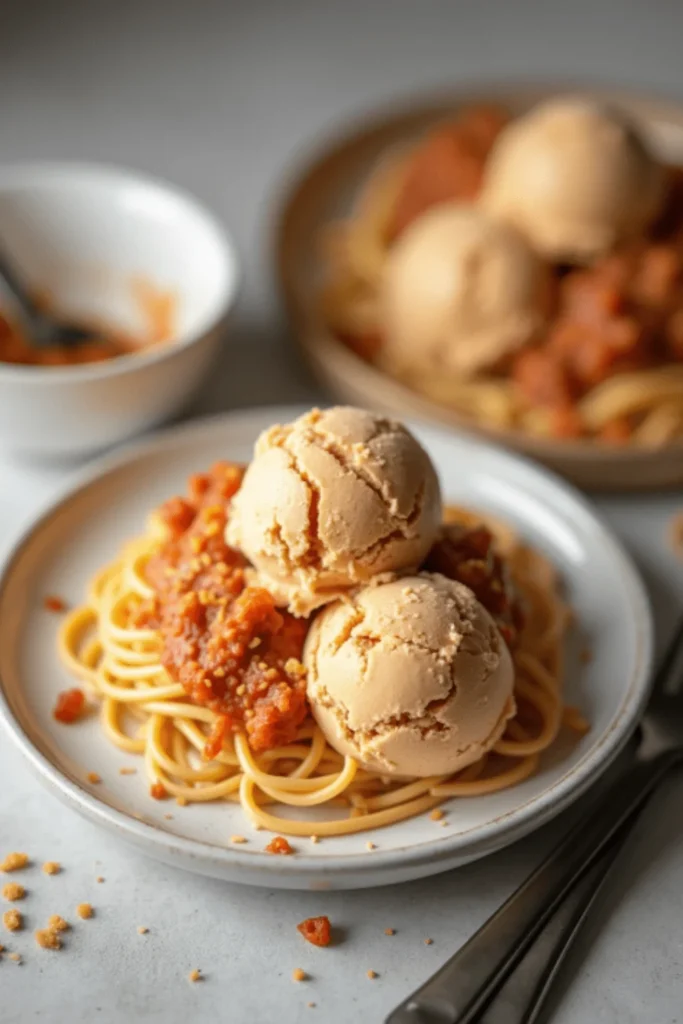 A plate of spaghetti topped with tomato sauce and savory scoops of Bolognese ice cream, offering a creative twist on traditional Italian flavors.