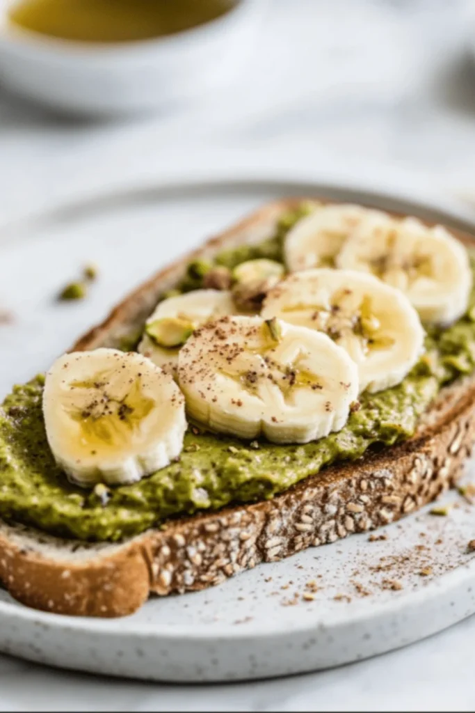 Whole-grain toast topped with creamy pistachio butter, banana slices, and a drizzle of honey