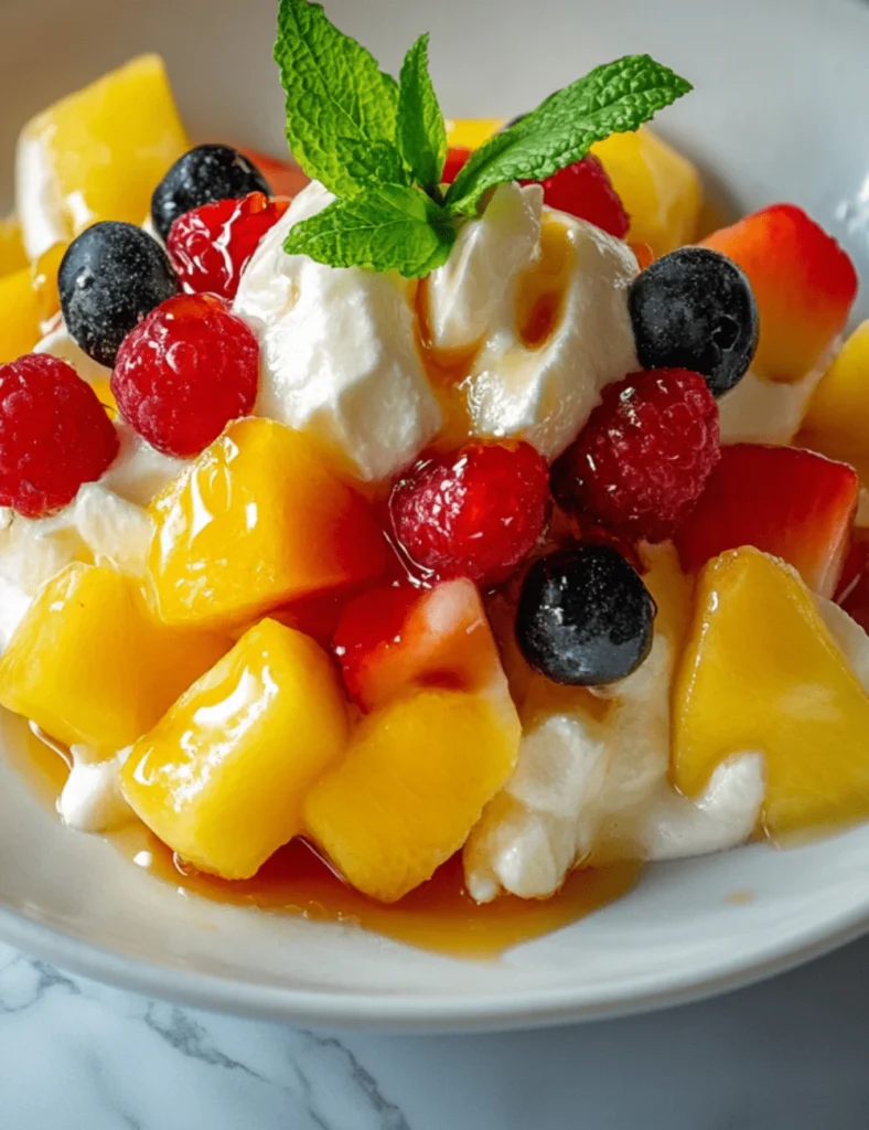 Orgeat syrup fruit salad with whipped cream, honey drizzle, and fresh mint garnish
