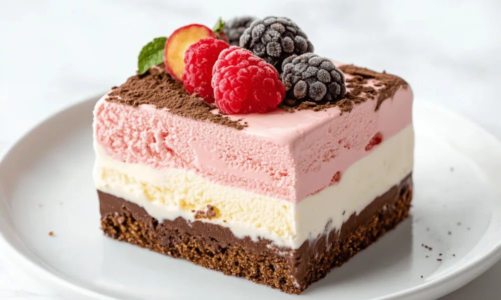 Slice of Neapolitan ice cream with chocolate, vanilla, and strawberry layers, topped with fresh raspberries and blackberries. Which Flavor Is Not Part of Neapolitan Ice Cream?