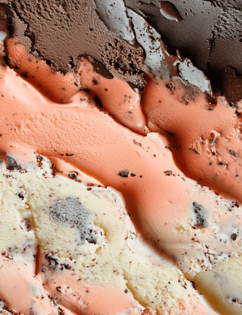 Melted layers of Neapolitan ice cream showing chocolate, strawberry, and vanilla flavors
