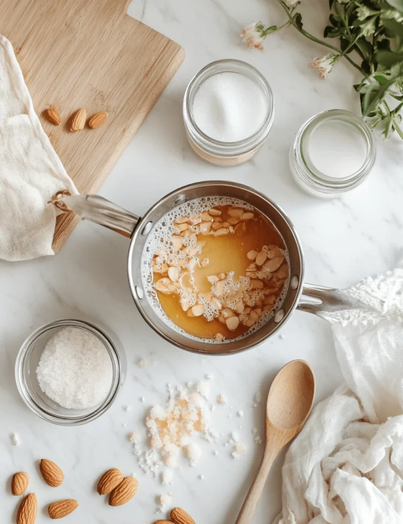 Process of making orgeat syrup with almonds, sugar, and ingredients on a marble surface