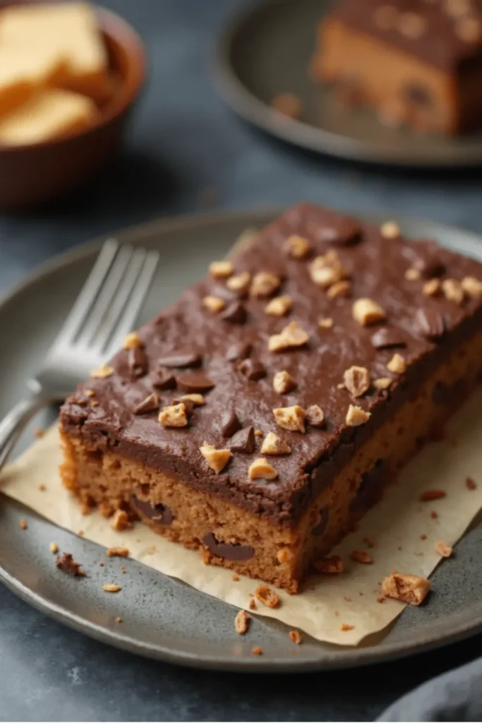 A slice of kefir sheet cake topped with rich chocolate frosting and sprinkled with chopped nuts, served on a dark plate with a fork.