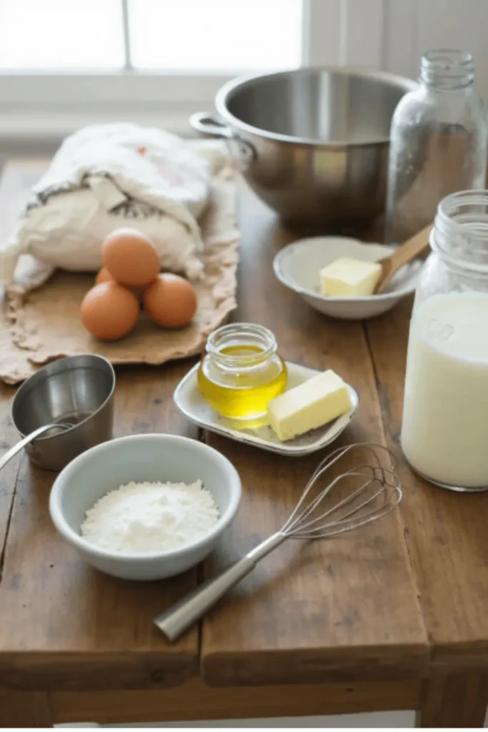 Ingredients for a kefir sheet cake recipe, including eggs, butter, milk, flour, sugar, and oil, displayed on a rustic wooden table with baking tools