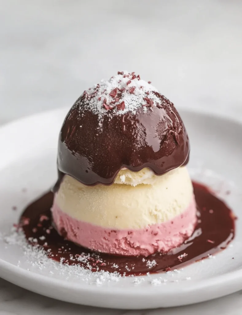 Scoop of Neapolitan ice cream with chocolate topping, showcasing vanilla and strawberry layers