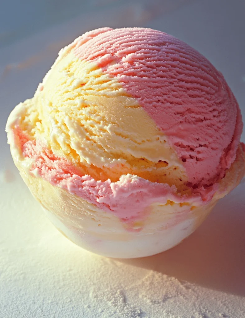 Scoop of Neapolitan ice cream showcasing pink strawberry, yellow vanilla, and white layers
