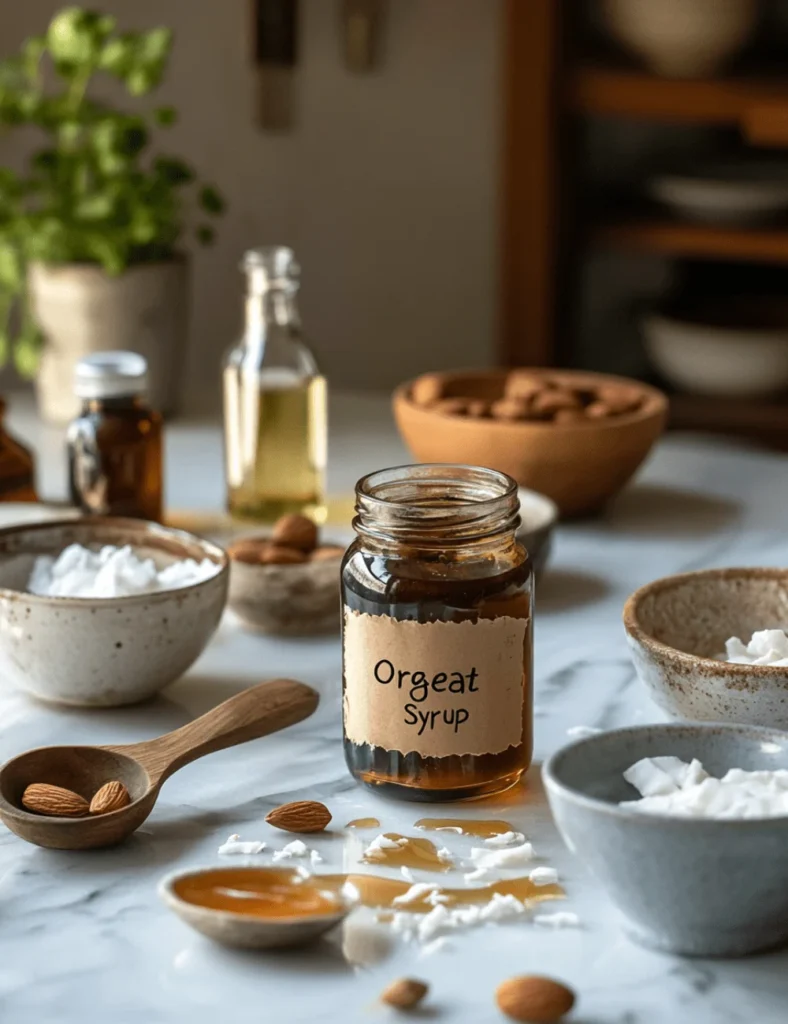Traditional orgeat syrup in a jar with almonds and ingredients on a kitchen countertop
