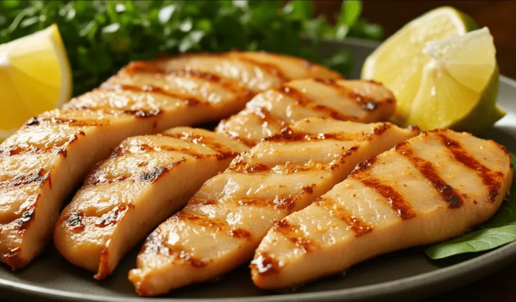 Grilled chicken fillets marinated in True Lemon Zesty Herb Chicken Marinade, garnished with fresh lemon wedges and greens on a plate