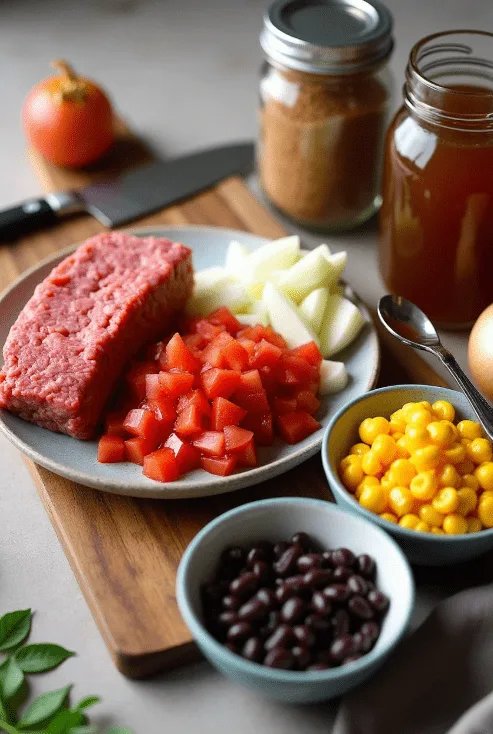 A colorful display of taco soup ingredients including ground beef, diced tomatoes, onions, black beans, corn, and broth on a wooden cutting board