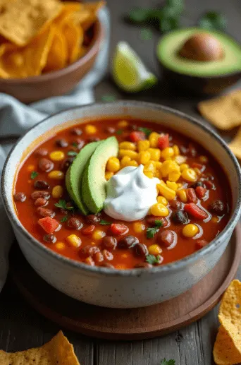 A bowl of hearty taco soup topped with avocado slices, sour cream, corn, and fresh cilantro, served with tortilla chips and lime