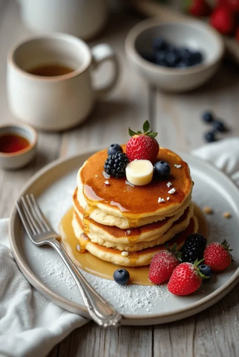 Stack of fluffy pancakes topped with fresh berries, butter, and maple syrup on a rustic table setting - a simple breakfast recipe