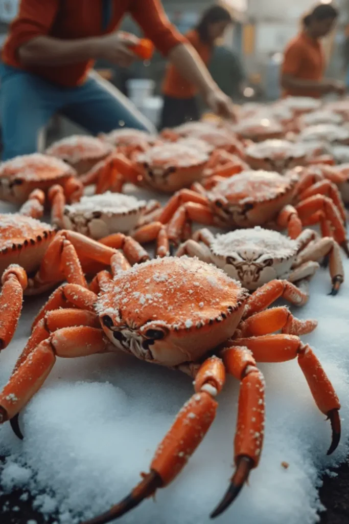 Freshly harvested snow crabs displayed on ice at a seafood market, ready for purchase