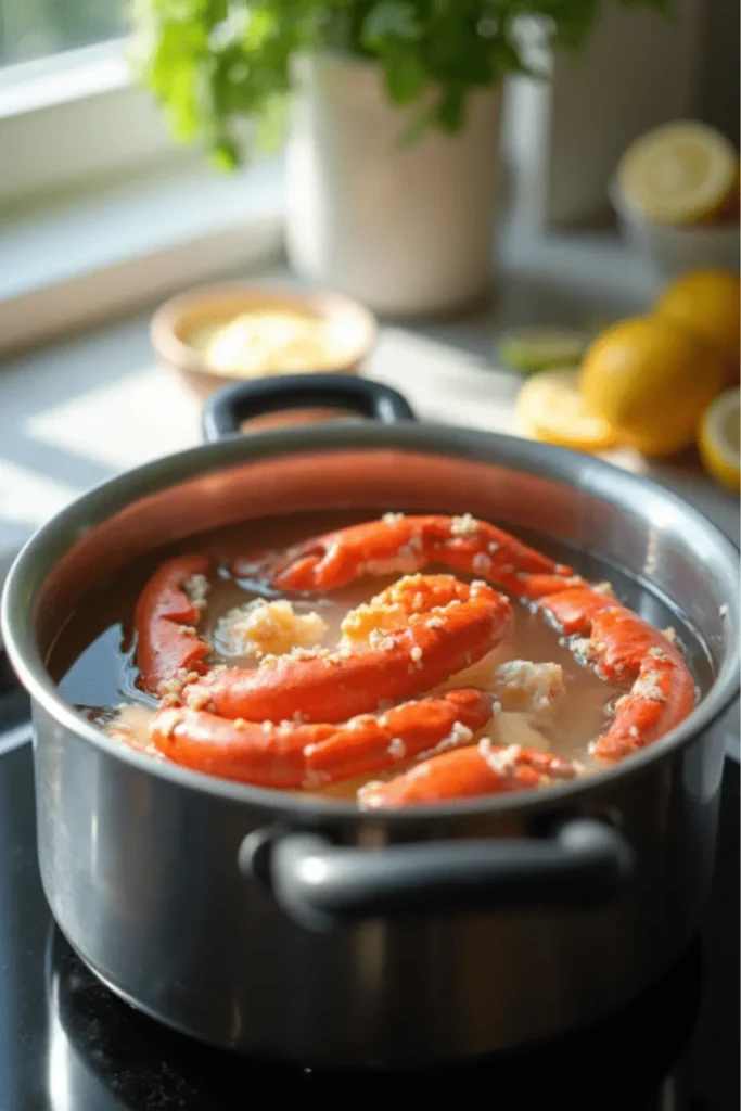 Snow crab legs simmering in a pot with garlic and butter for a quick and easy frozen crab leg recipe