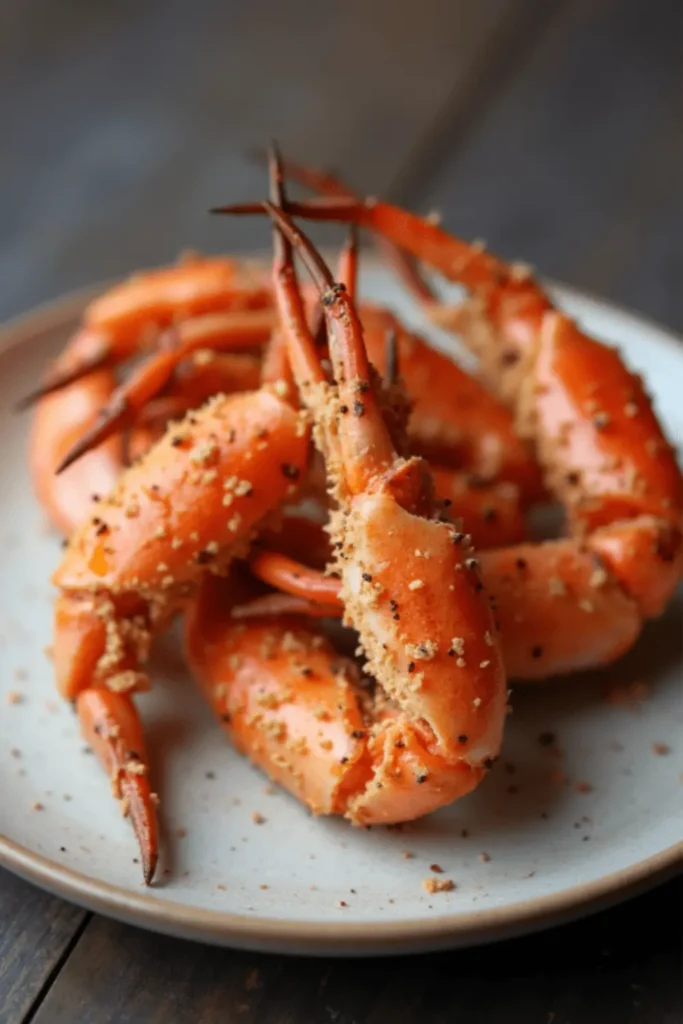 Cooked snow crab legs seasoned with garlic, butter, and black pepper served on a rustic plate.