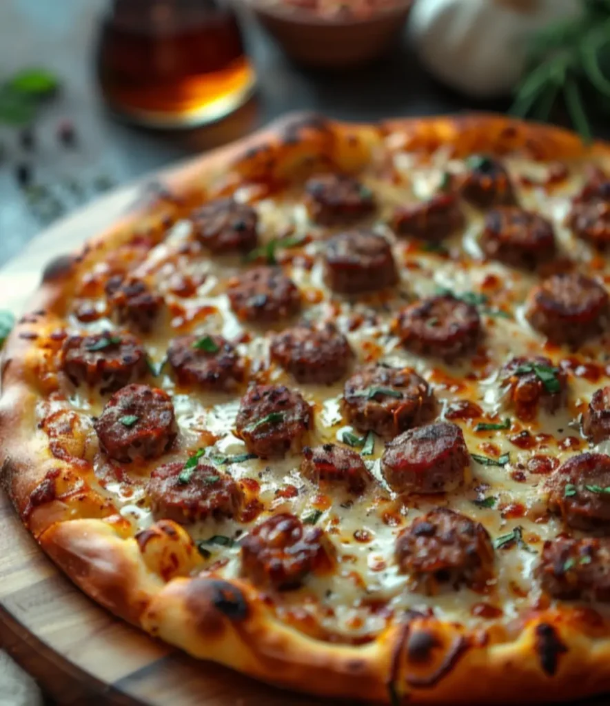 beef sausage pizza with crispy crust, melted mozzarella, and fresh basil on a wooden board
