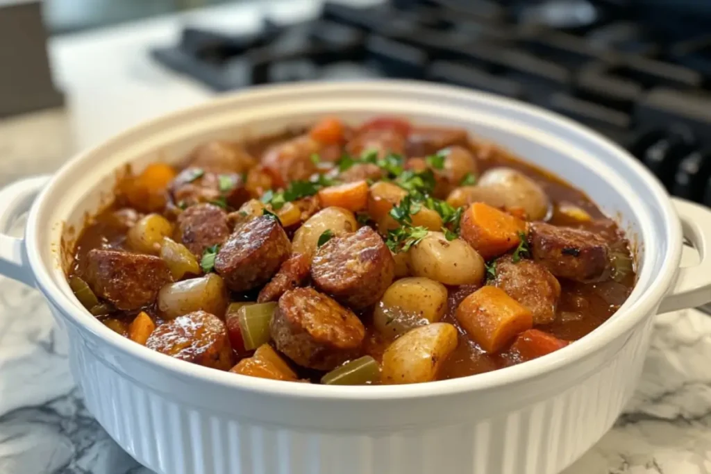 Homemade beef sausage stew with baby potatoes, carrots, and celery in a rich sauce, garnished with fresh parsley