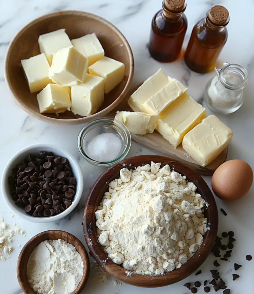 A top-down view of ingredients for baking birthday cookies, including butter, flour, vanilla, chocolate chips, and an egg.