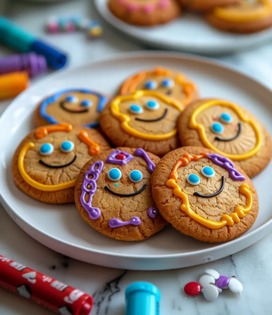 A plate of birthday cookies decorated with colorful icing, smiley faces, and edible markers for a fun, festive treat.
