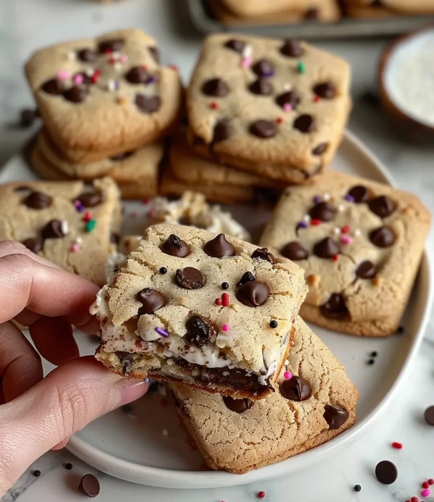 A hand holding a brookie sandwich cookie filled with creamy frosting, made from chocolate chip cookie dough and brownie layers, with sprinkles on top.