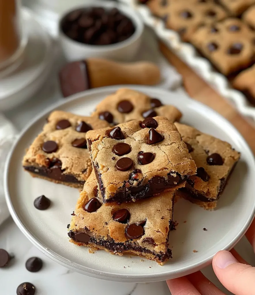 Close-up of freshly baked brookies made with brownie mix and chocolate chip cookie dough, cut into squares and stacked on a white plate