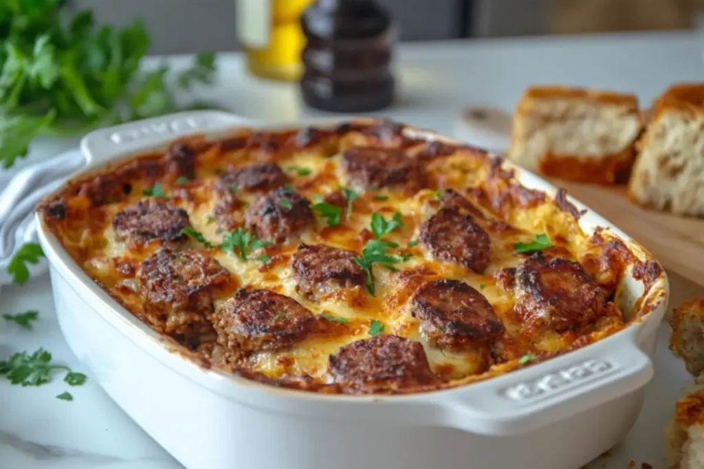 Delicious homemade beef sausage casserole baked to perfection with melted cheese and fresh parsley garnish, served with crusty bread.