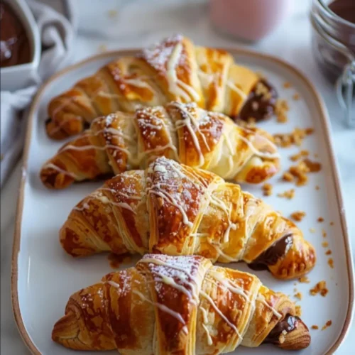 Golden, flaky chocolate-filled Gipfeli drizzled with white chocolate and dusted with powdered sugar, served on a white plate