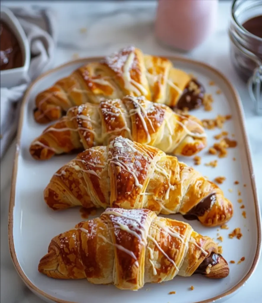 Golden, flaky chocolate-filled Gipfeli drizzled with white chocolate and dusted with powdered sugar, served on a white plate