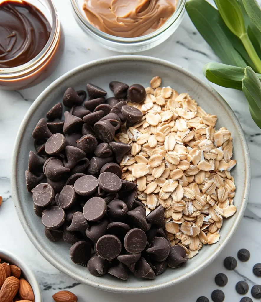 Ingredients for cottage cheese cookie dough variations, including dark chocolate chips, rolled oats, peanut butter, and melted chocolate, arranged on a marble surface