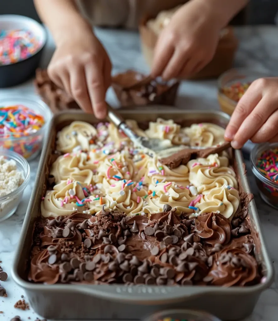 Hands decorating a tray of brookies with swirls of chocolate and vanilla frosting, chocolate chips, and colorful sprinkles.