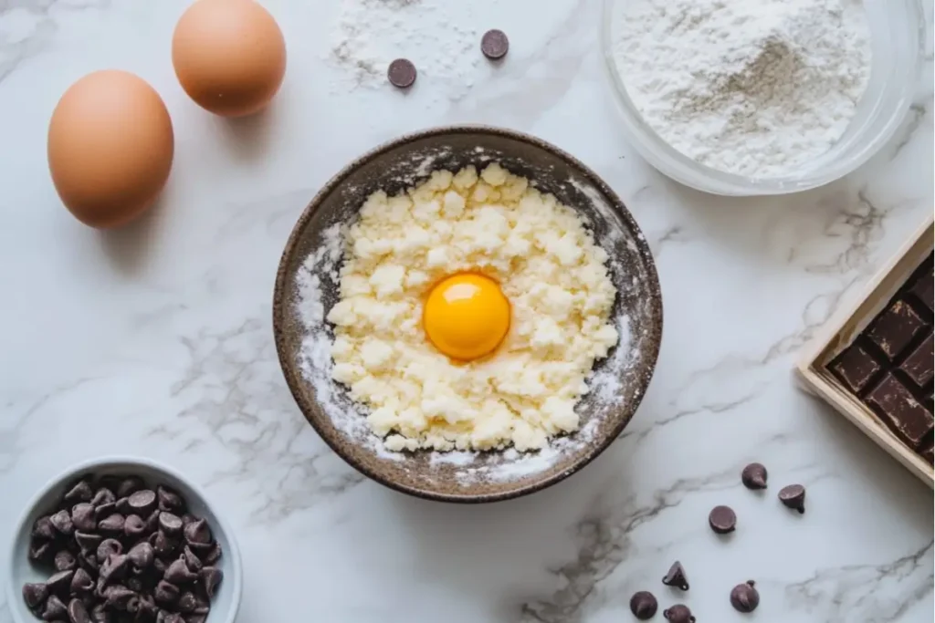 Mixing ingredients for Easy Brookie Recipe โ flour, eggs, butter, and chocolate chips for the perfect brookie dough.
