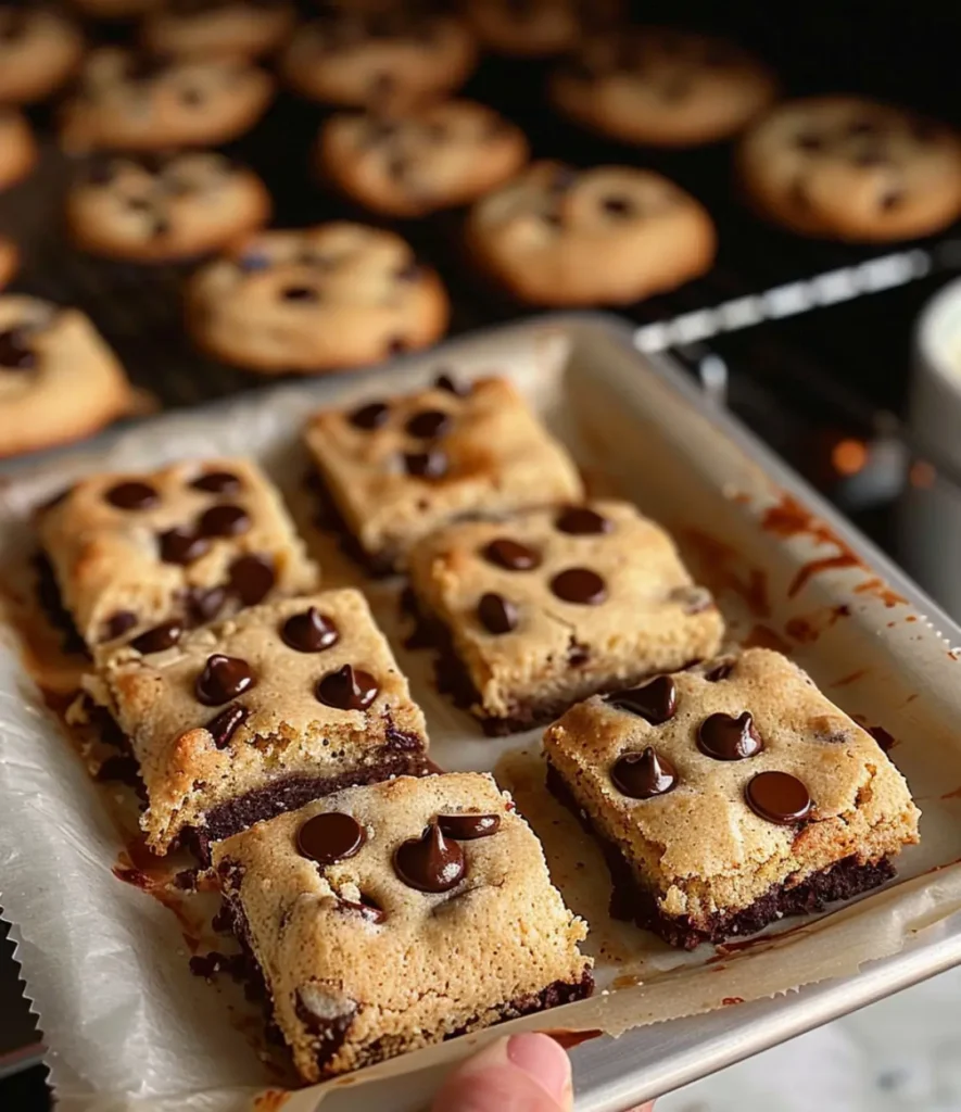 Freshly baked brookies made with brownie mix and chocolate chip cookie dough, cut into squares in a parchment-lined tray with cookies cooling in the background